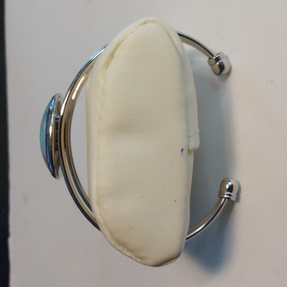 Silver cuff bracelet w/design by Ms Mels Creations w/colors purple,gold,silver - Picture 2 of 3